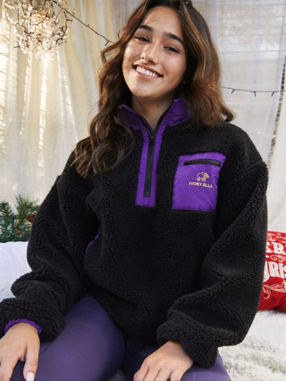 Ivory Ella Black Sherpa Fleece Quarter Zip